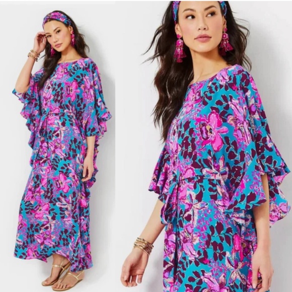 $498 NWT LILLY PULITZER MONNAE SILK MAXI CAFTAN DRESS BLUE ORCHID YOU NOT XS - Picture 1 of 8